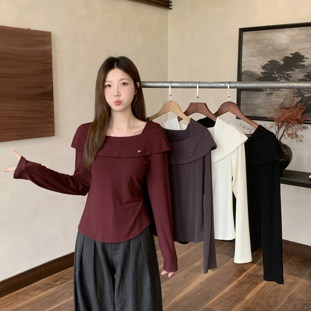 2025秋装新款胖mm大码女甜美设计感荷叶边方领长袖上衣