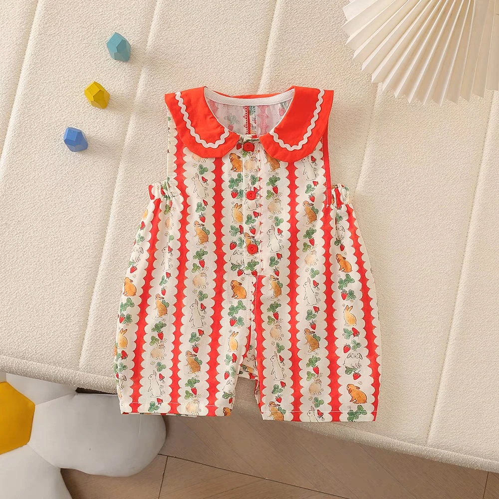 婴幼儿夏季薄料宽肩哈衣女宝宝新款满印红色无袖兔耳朵连体新生儿