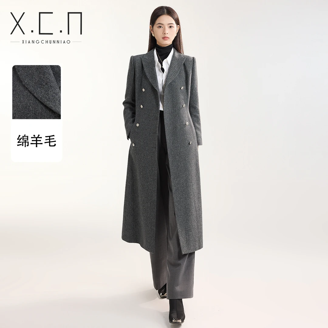 祥春鸟高端轻奢羊毛呢西装外套女秋冬长款气质通勤大衣25W2700