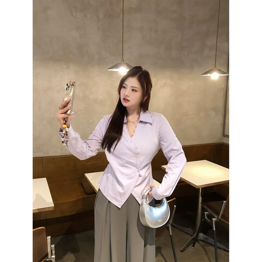 念念&李潇洒【时光画布】微胖大码女装春季百搭显瘦肌理感长袖衬衫