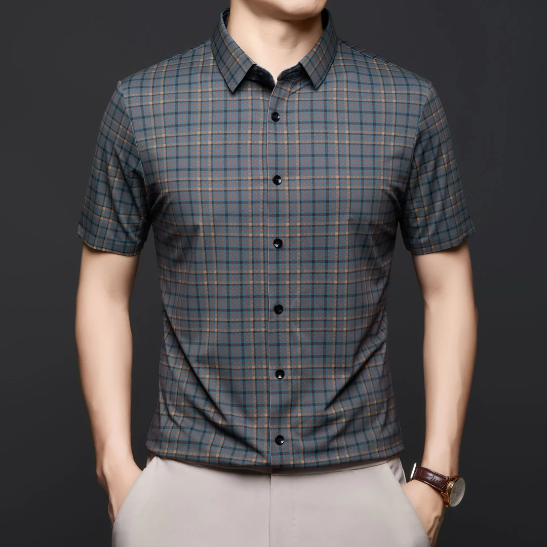 短袖衬衫男夏季新款冰丝中年爸爸装宽松大码免烫印花薄款透气上衣