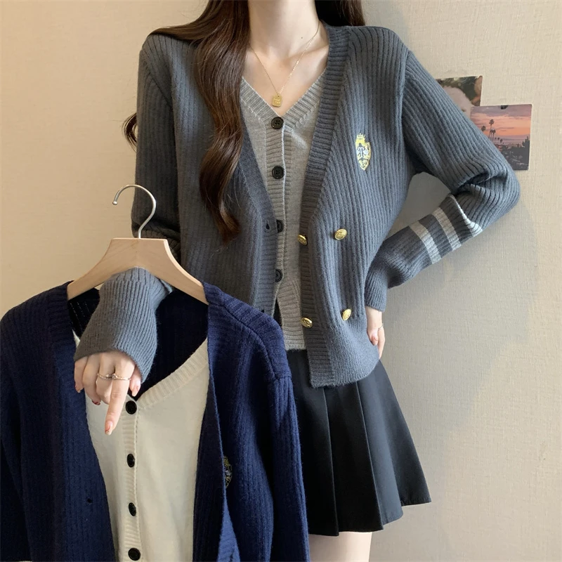 大码韩系学院风针织衫毛衣女2025秋冬新款气质假两件撞色长袖上衣