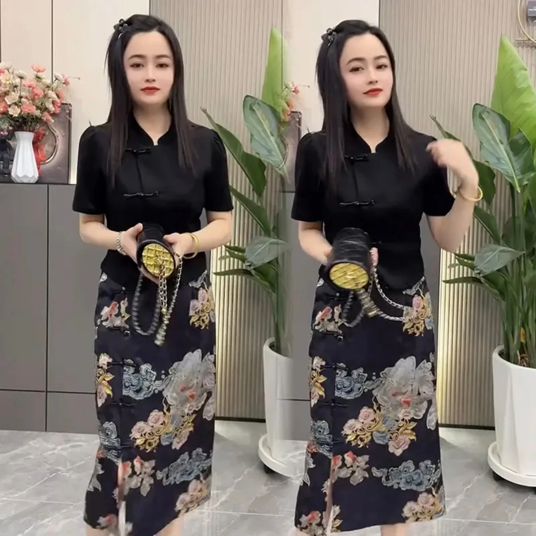 (现货现发)夏季新中式国风盘扣短袖上衣搭配高腰侧开叉半身裙套装