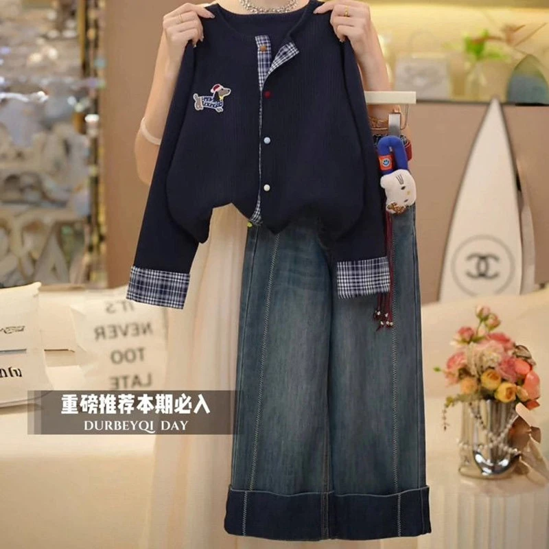 时尚复古百搭儿童秋季套装，2件装休闲风卡通动漫图案男女通用，适