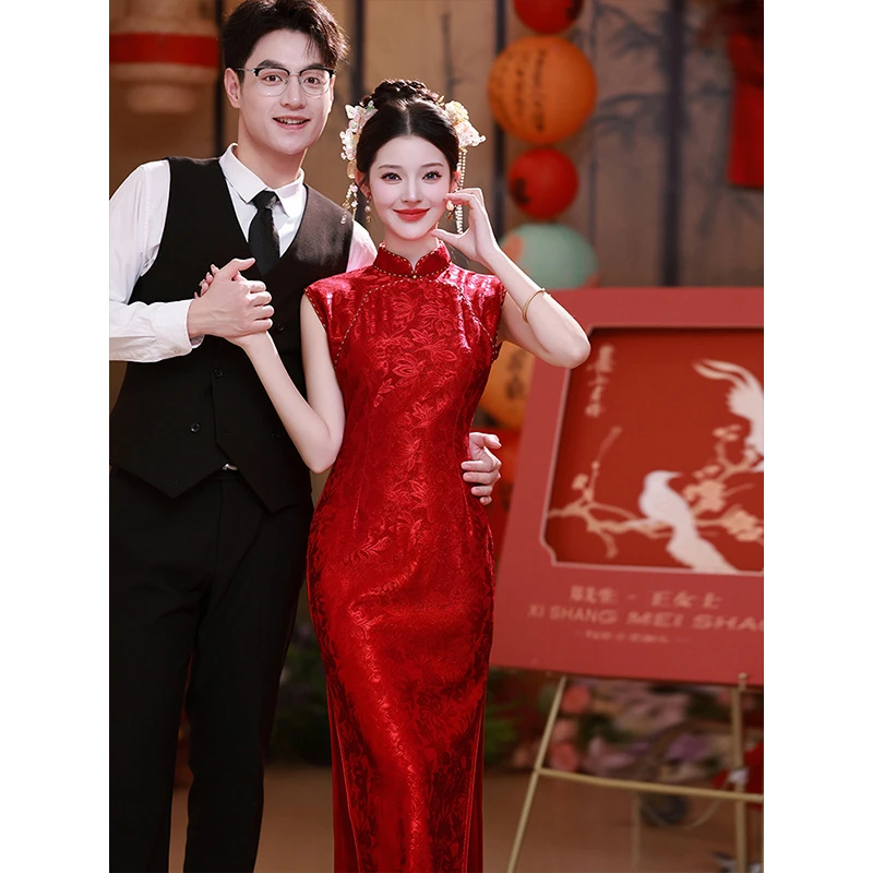 结婚敬酒服红色无袖订婚宴中式婚礼当天新娘便装礼服大码提花