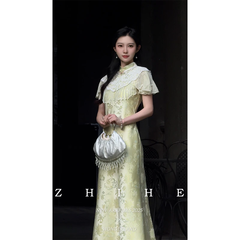 无艳一禾【致望舒】新中式原创醋酸桑蚕丝提花立领收腰旗袍连衣裙