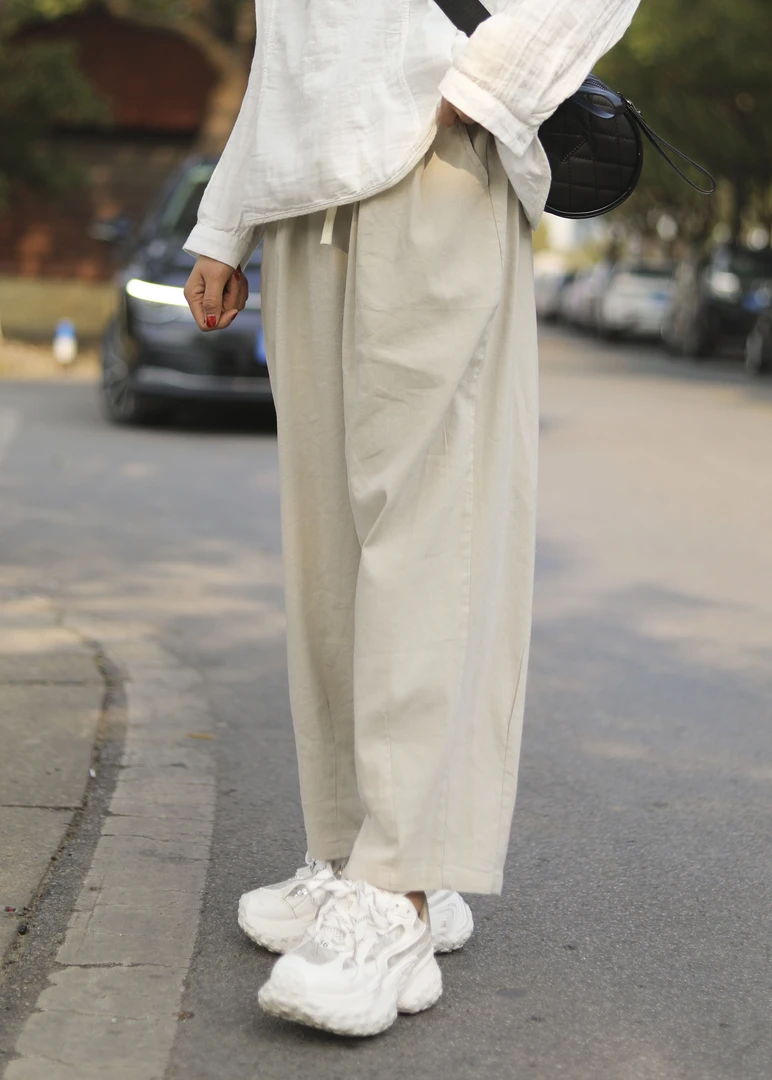 （浅笑）82111-3复古风纯色松紧腰麻裤脚休闲裤女宽松显瘦