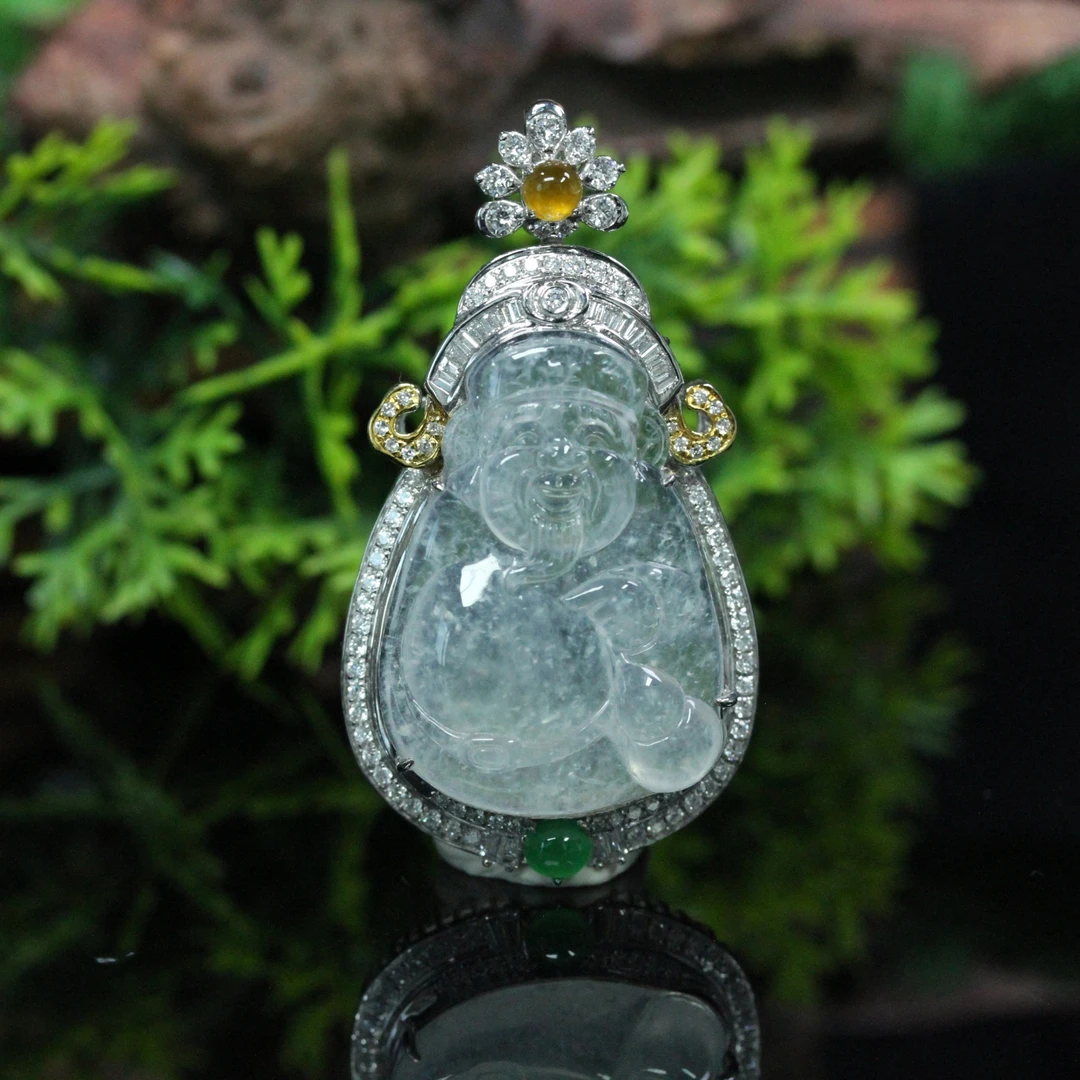 天然缅甸翡翠A货18K金镶福禄财喜财神吊坠/01026095/拍卖