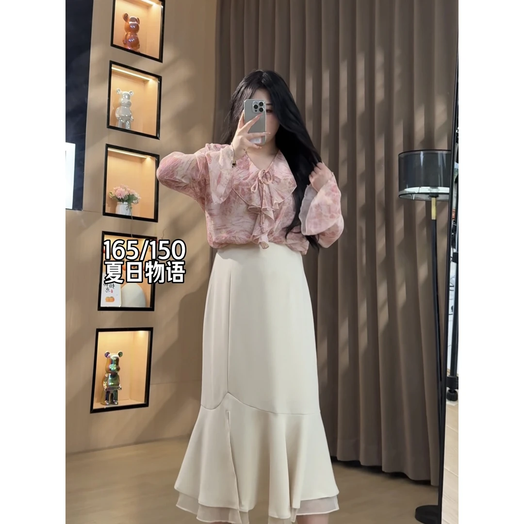大雯子微胖定制~【玲珑生花】2025新品时尚显瘦长袖上衣+半裙LMQ435