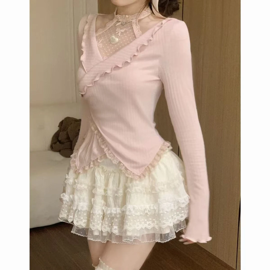 紫雾星河春夏新款纯欲风显瘦上衣+显瘦蕾丝短裙套装气质长袖女装