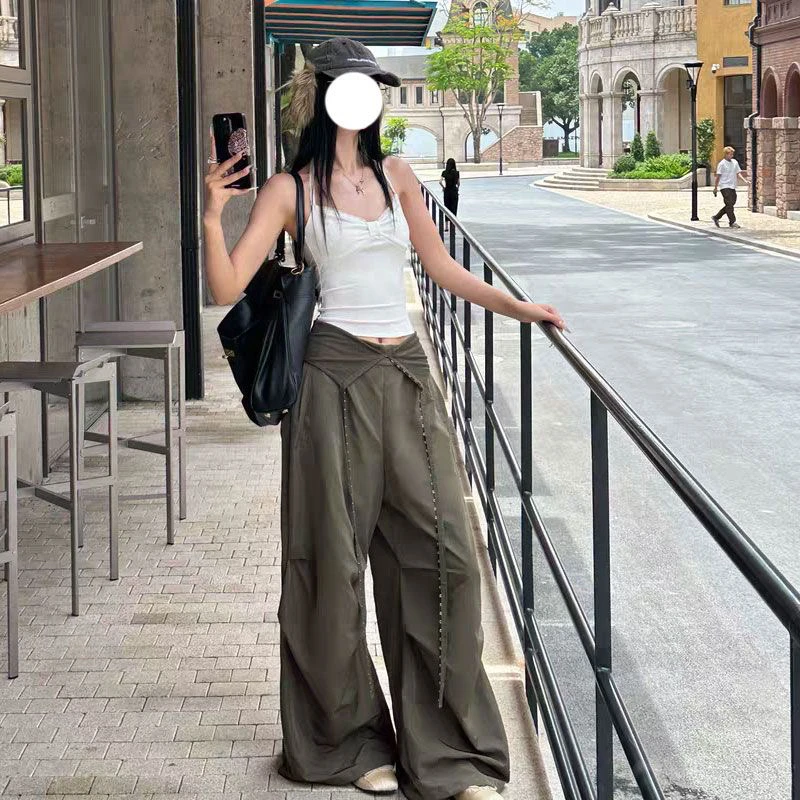 【速干】网红爆款美式复古辣妹翻边排扣工装爵士跳舞伞兵休闲裤潮