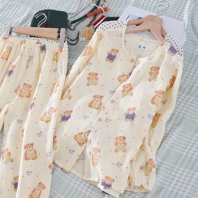 纯棉睡衣女棉纱春秋夏款长袖双层纱布家居服全棉套装大码可爱外穿