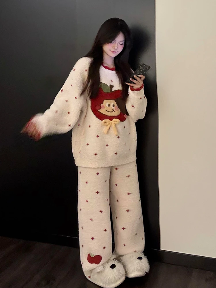 可爱苹果小狗半边绒睡衣女冬季新款加绒加厚针织家居服套装可外穿