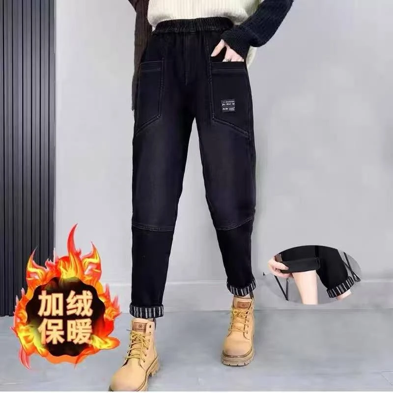 B24女秋冬季加绒加厚工装韩版宽松显瘦高腰直筒阔腿牛仔裤K750