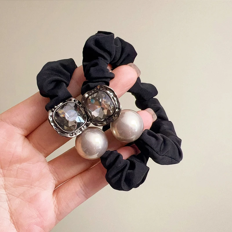 法式新款方块闪钻珍珠小肠圈精致少女扎发头绳时尚百搭丸子头发绳