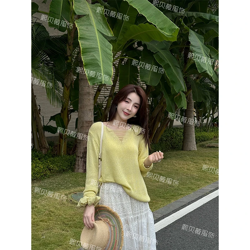 熙贝薇2 2025春季新款慵懒风上衣时髦镂空百搭针织衫 G7073