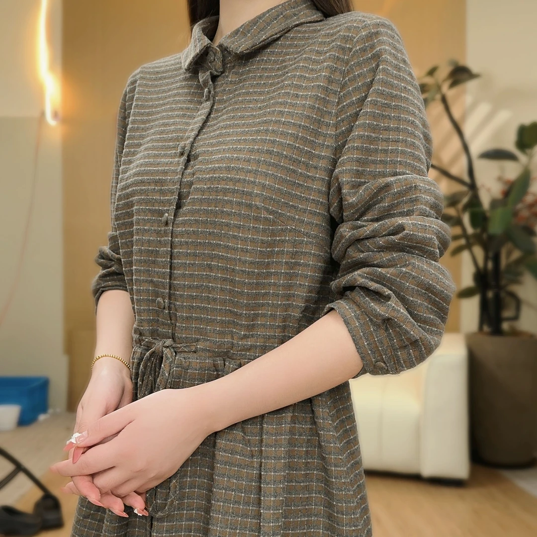 专柜金标系列-连衣裙女2025秋冬韩版磨毛加厚千鸟格长裙子2506