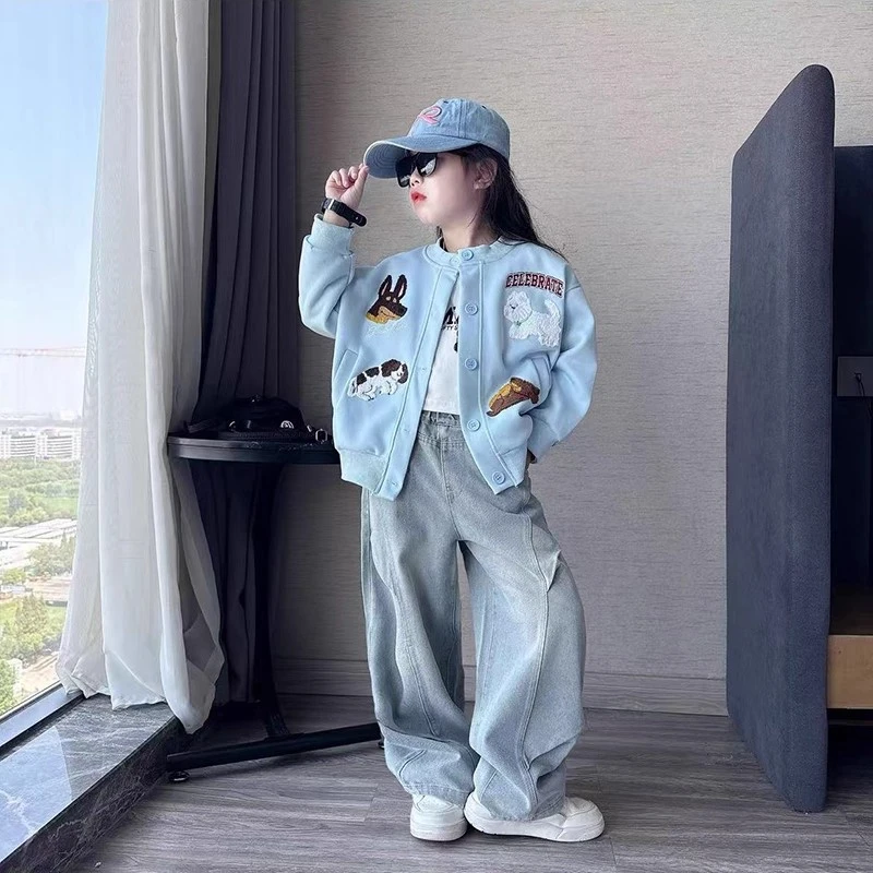 女童春秋季新款韩版毛巾绣棒球服外套中大童女孩百搭牛仔裤套装潮