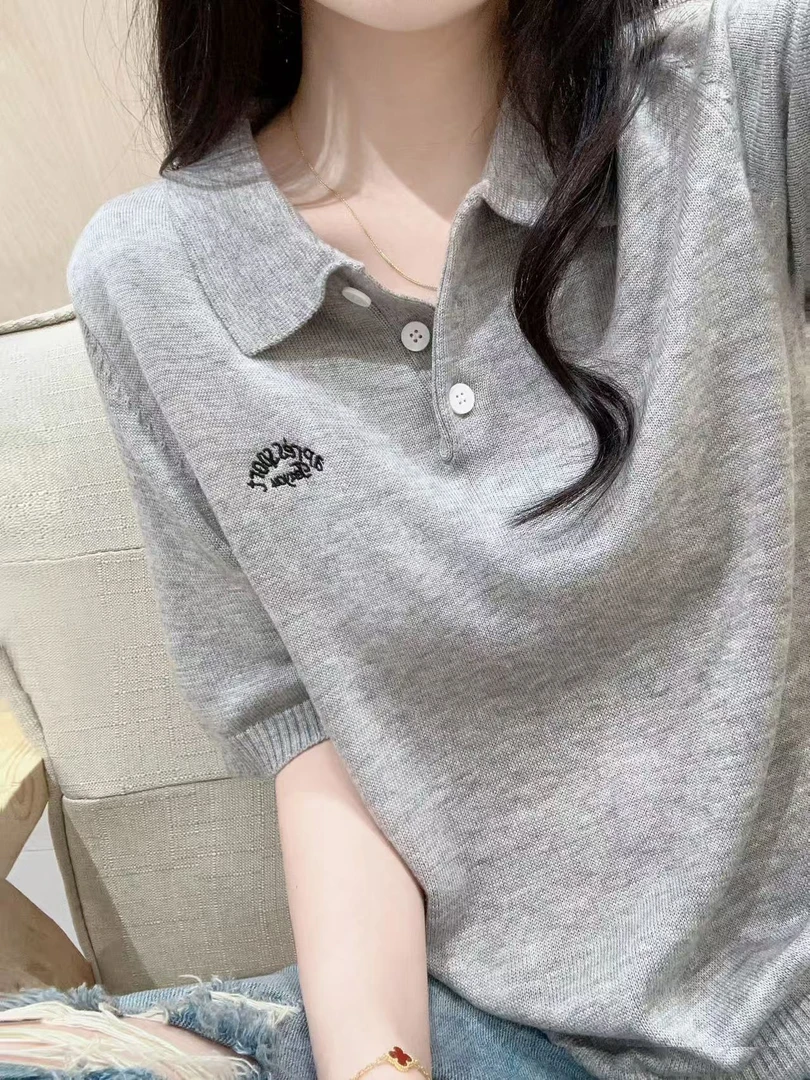 （灰色POLO领）正肩短袖针织衫女春夏季显瘦短款翻领字母刺绣上衣