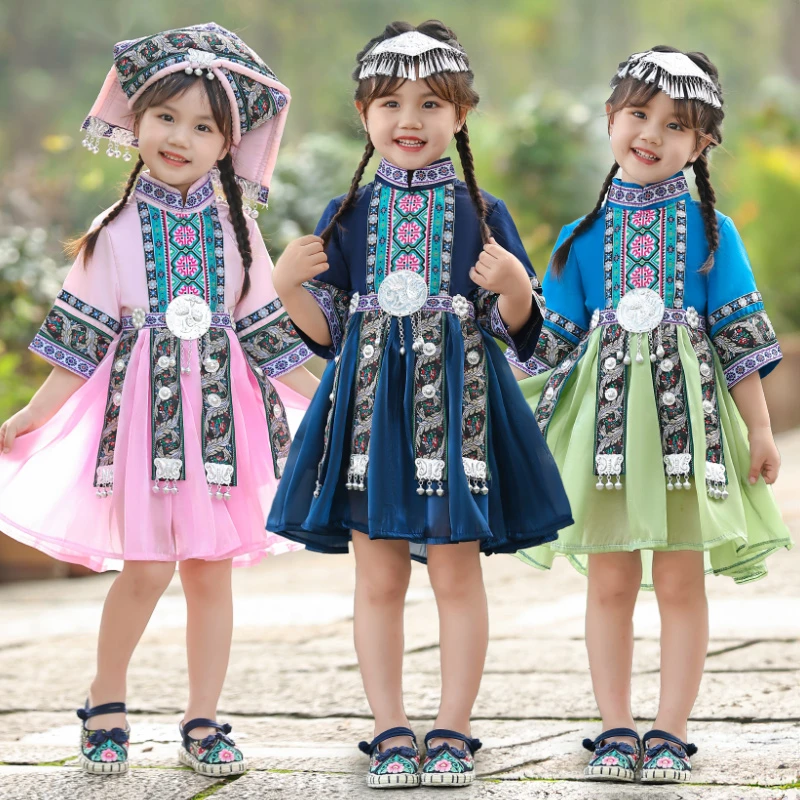 新款广西三月三儿童壮族短裙服饰苗族瑶族少数民族服装女童演出服