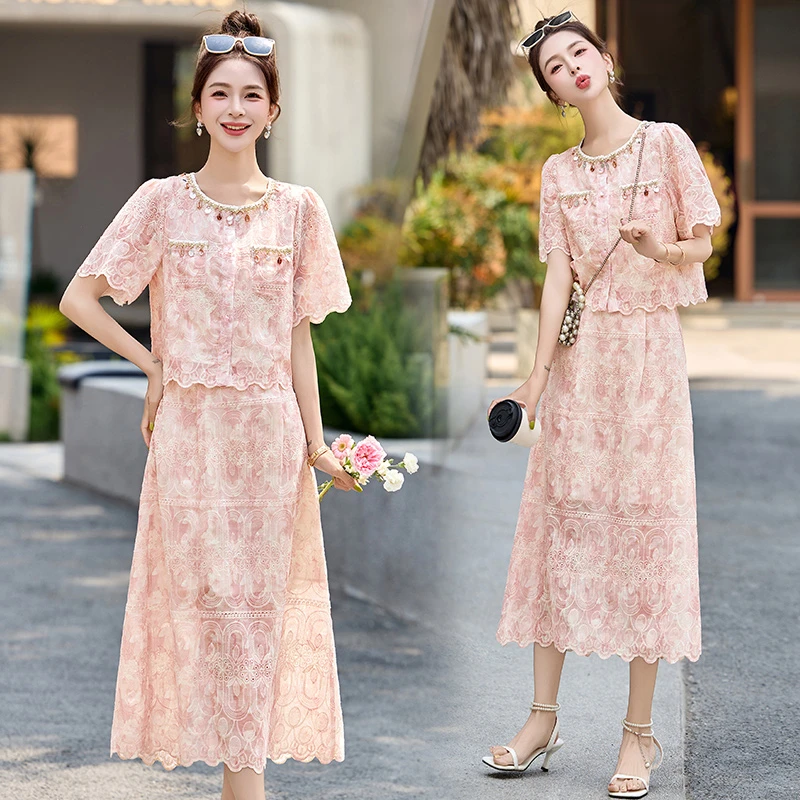 小香风套装裙女2025夏季新款高级感名媛气质减龄蕾丝半身裙两件套