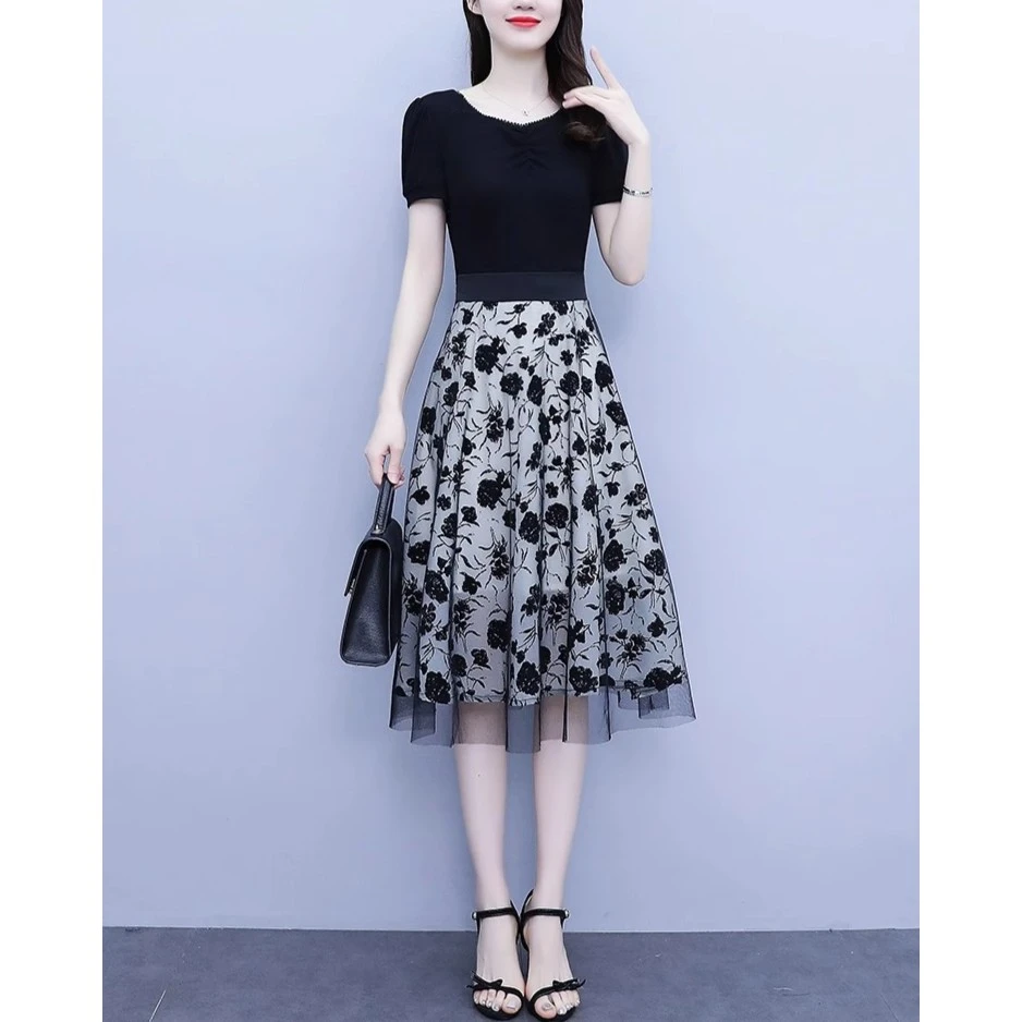 238假两件裙夏季新款大码女装气质短袖拼接网纱印花连衣裙