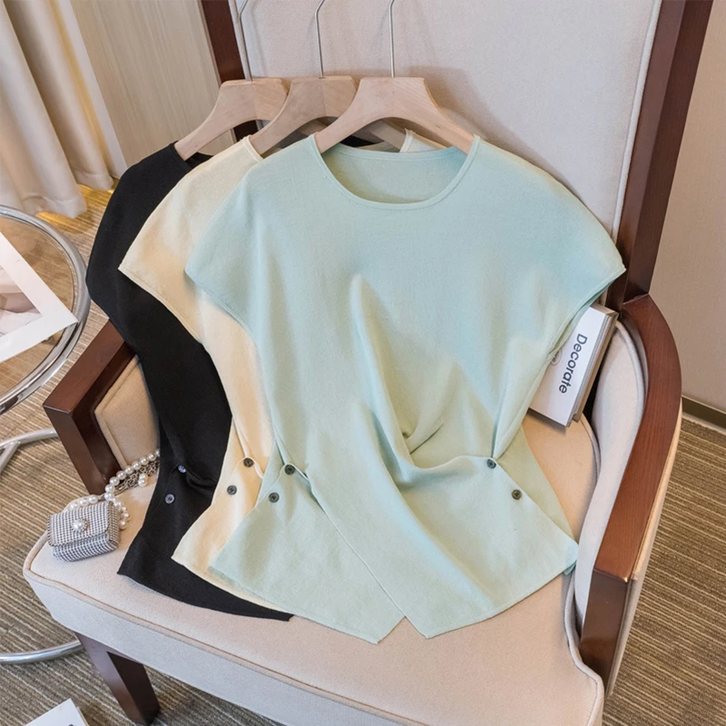 不规则交叉设计感冰丝短袖T恤女夏季新款微胖MM显瘦时尚气质上衣