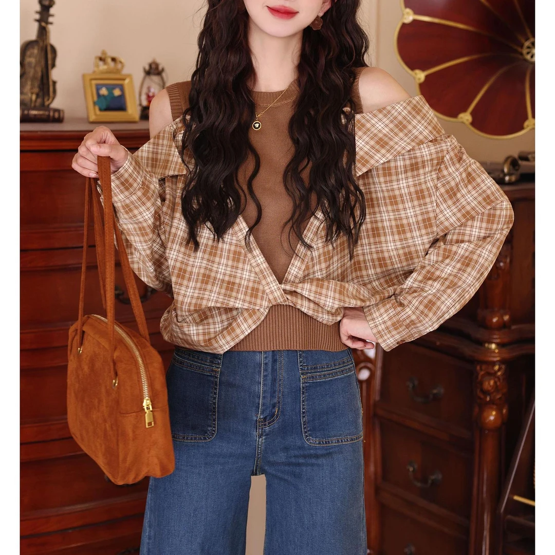 复古经典假两件露肩格纹衬衫女春秋新款独特设计感拼接宽松短上衣