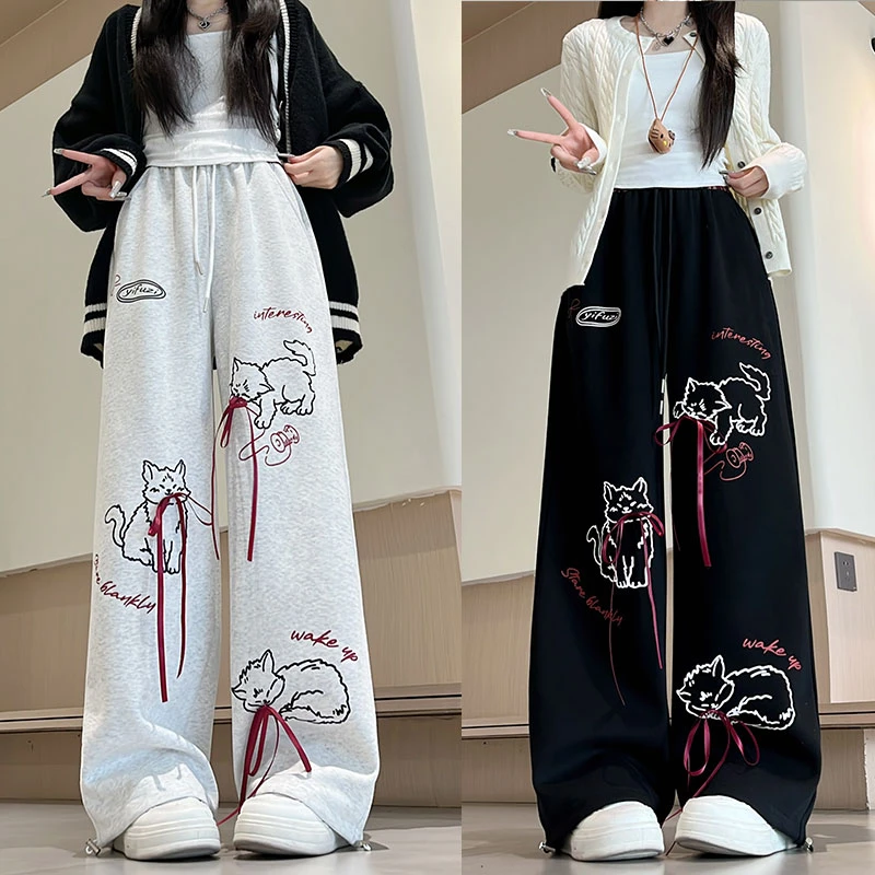 涂鸦猫咪印花蝴蝶结撞色休闲裤女秋冬慵懒高腰直筒阔腿裤