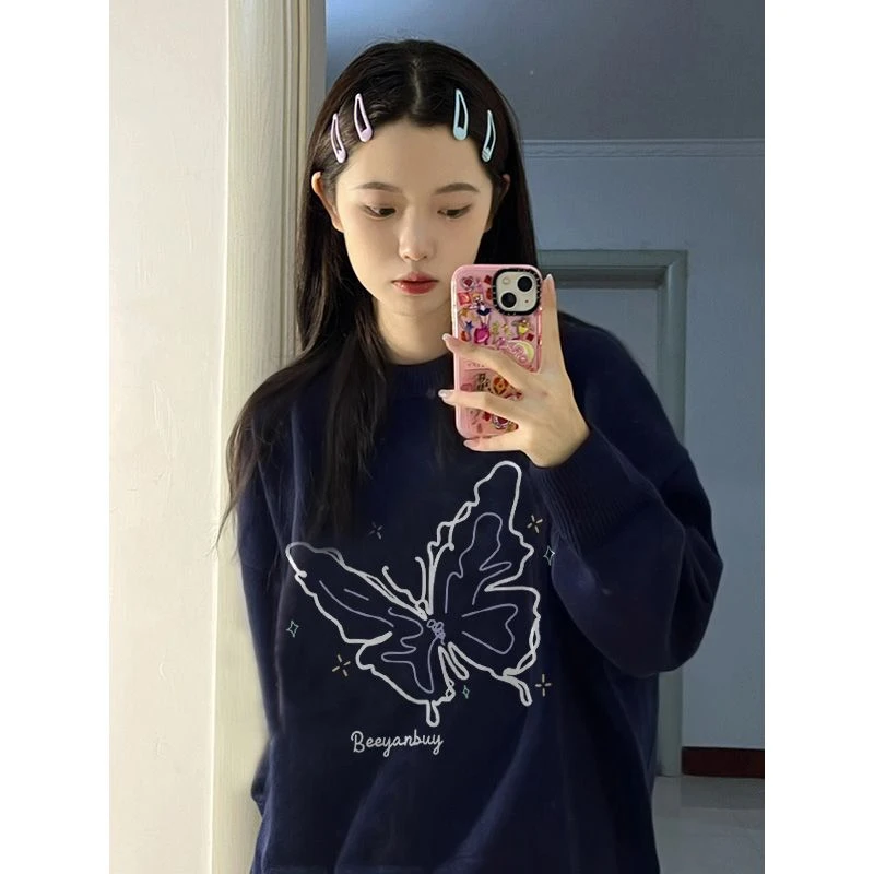 美式复古藏青色蝴蝶印花毛衣秋冬新款宽松休闲百搭打底针织衫上衣