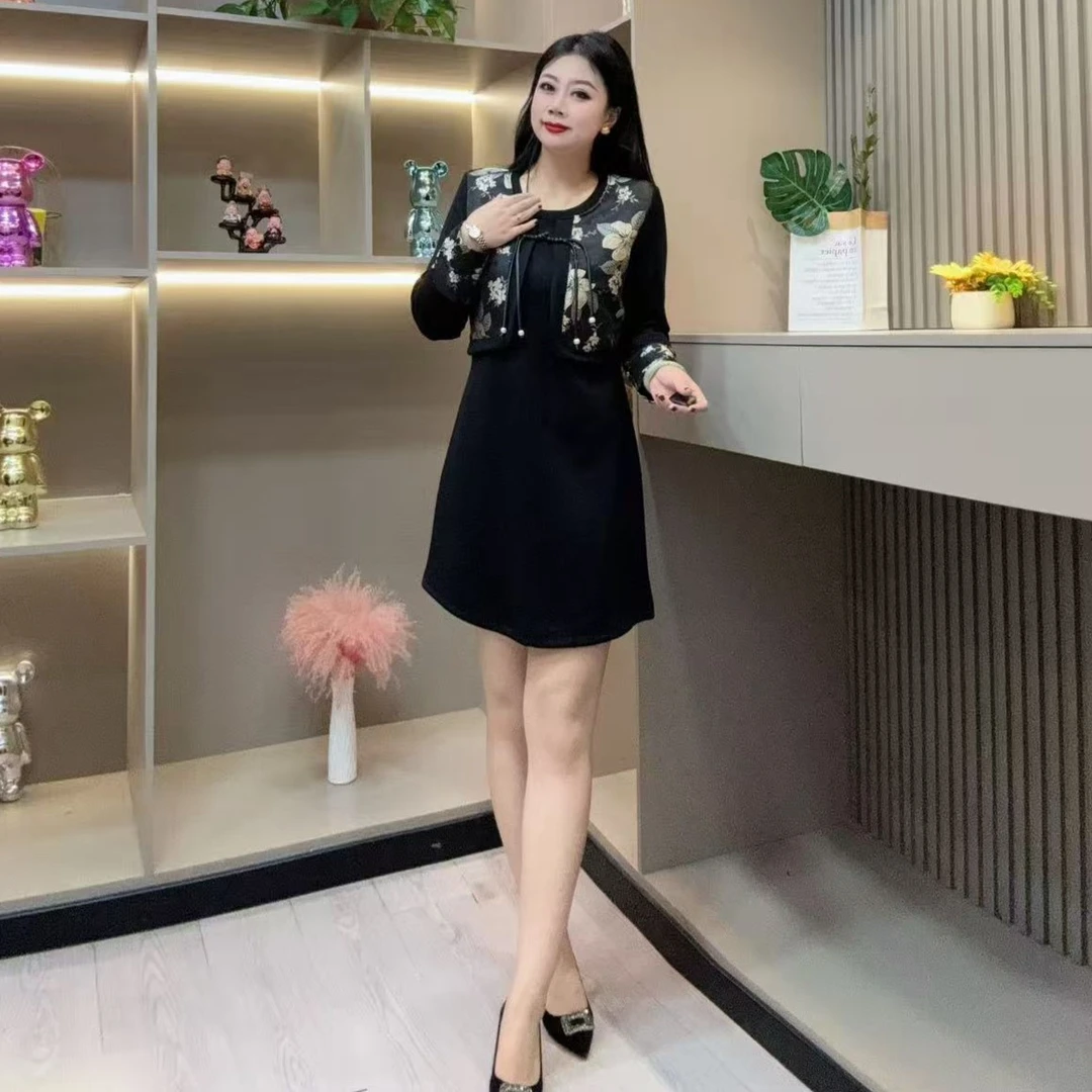 冬季连衣裙-檬 9370时尚气质国风复古假两件设计胖MM大码女装新款