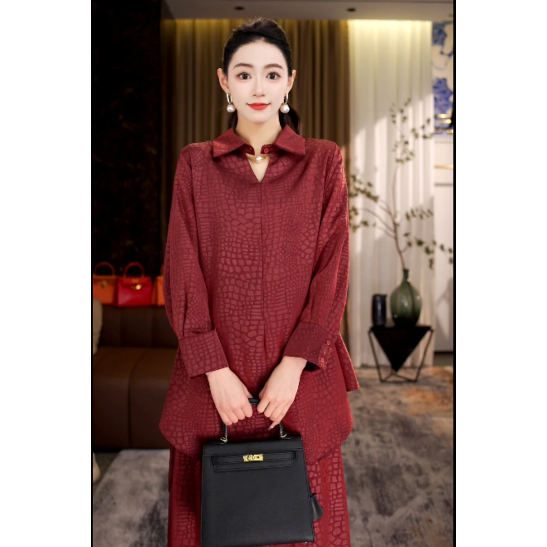 2025年春季新款红如意高端纹理感长袖上衣宽松裤子红色套装5347