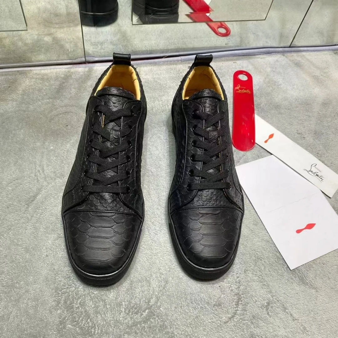 男款秋冬黑色板鞋轻奢男鞋蛇纹个性真皮红底潮鞋高级感时尚休闲鞋