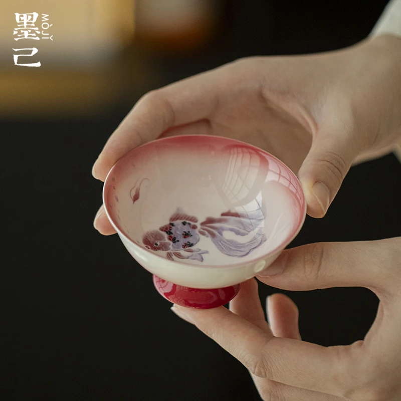 墨己高足圆口手绘兰寿鱼陶瓷主人杯家用茶杯功夫茶具品茗杯单杯