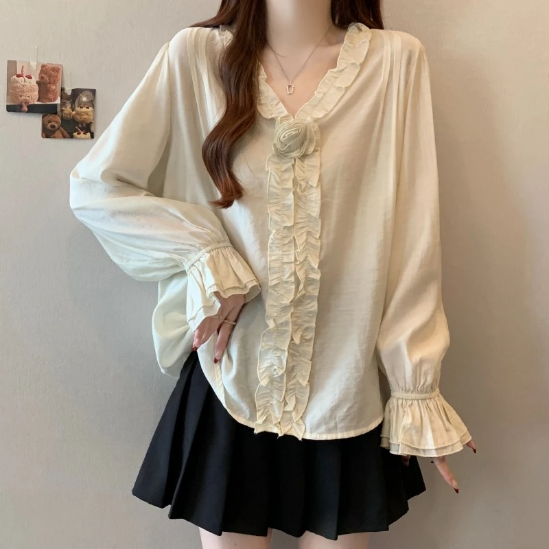 大码法式花朵木耳边V领长袖衬衫女春秋胖MM宽松显瘦洋气小衫上衣