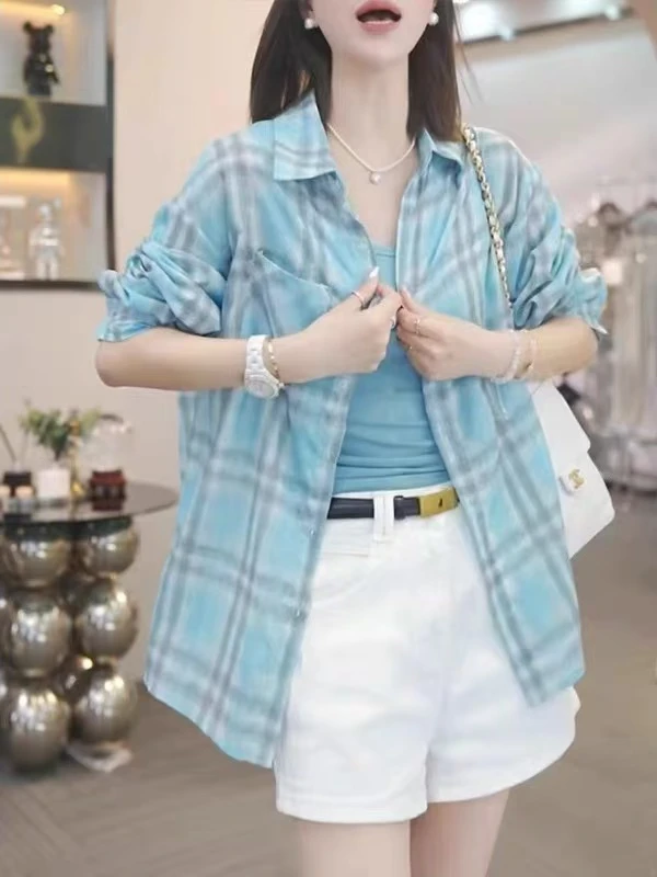 轻薄Polo领蓝色格子防晒衬衣女25新宽松上衣 DTY62