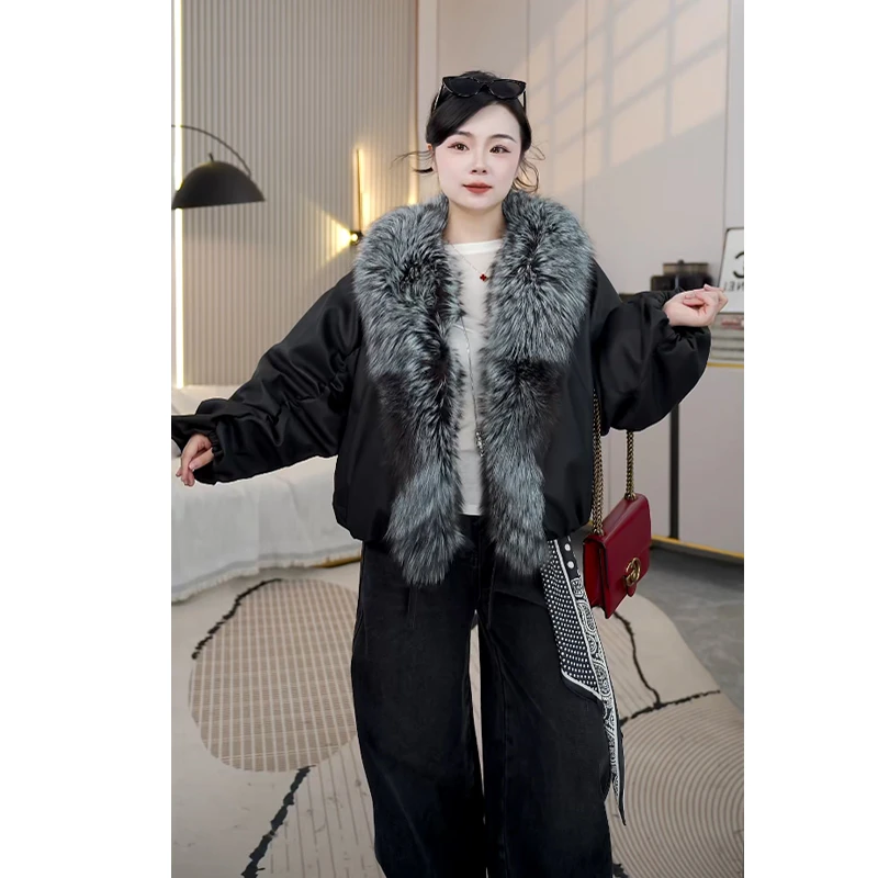 【喜婷婷】稀有银狐毛皮草外套95白鹅绒头层绵羊中长款大版宽松大衣