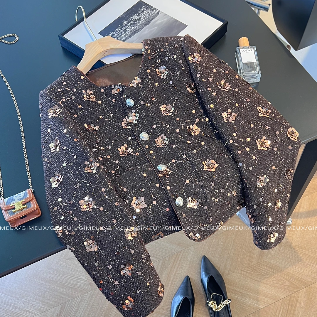 小香风亮片粗花呢短外套女2025春秋季秋季百搭法式气质小个子上衣