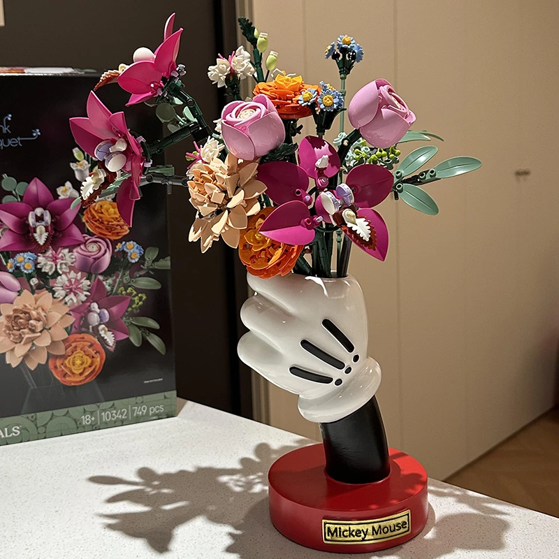粉黛花束永生花束积木米奇手花瓶高级感摆件手捧花送女朋友礼物