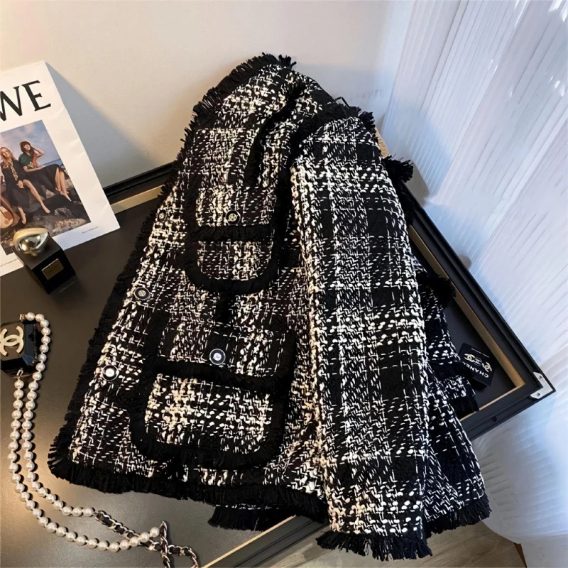 格子女加厚短外套秋冬季私服名媛千鸟格小香风气质外套百搭时尚