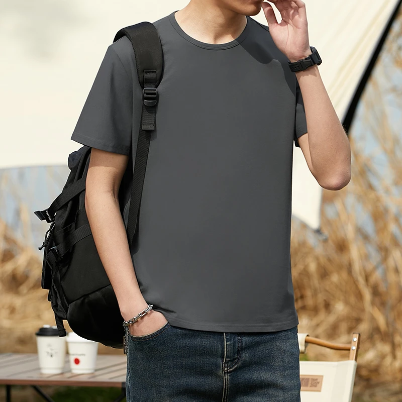 纯色潮牌短袖t恤男士新款夏季高级感冰感透气内搭体恤宽松上衣服