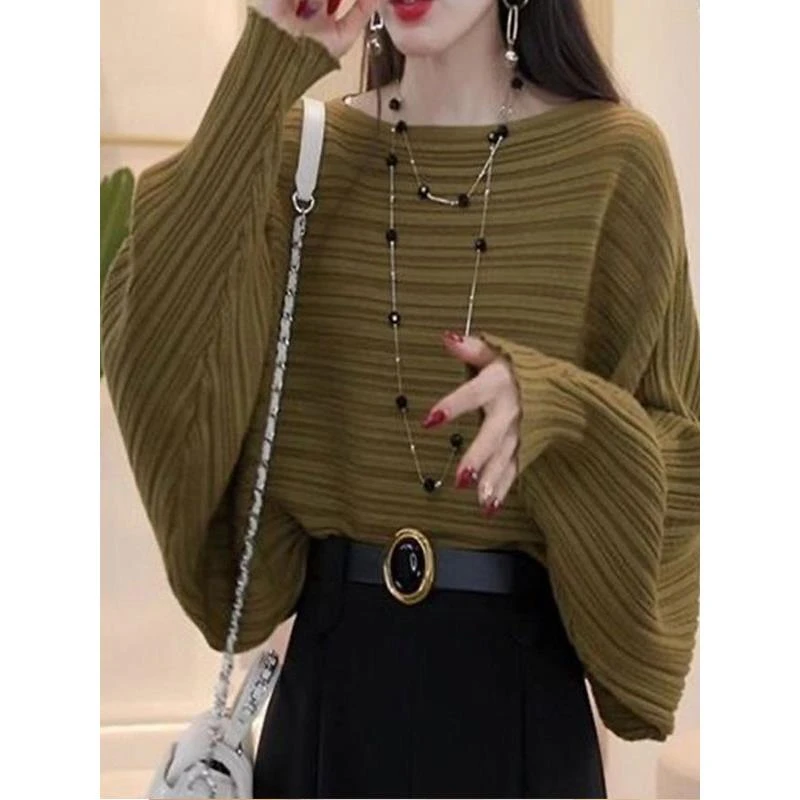 时尚设计感韩版蝙蝠袖针织衫女2025秋季新款宽松显瘦遮肉打底毛衣