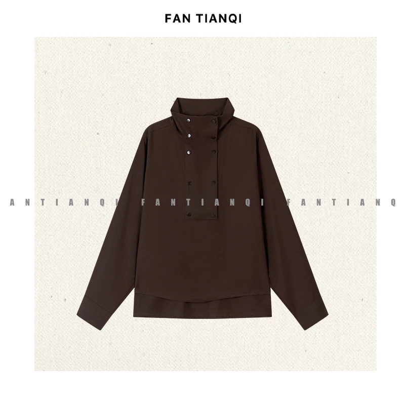 范天奇/FAN TIANQI【自由旅人】立领天丝麻红棕色秋薄衬衫FYOT56099