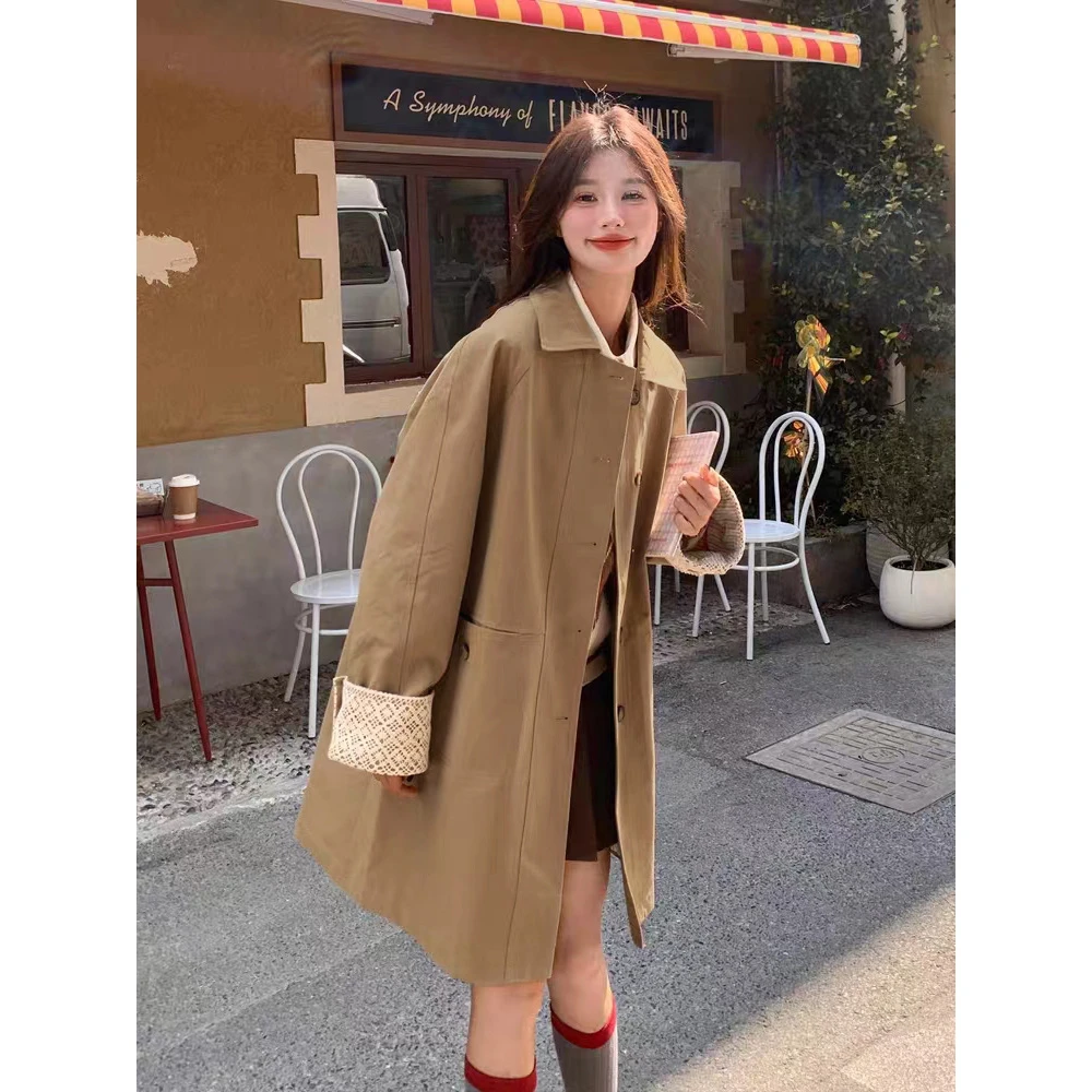 502201 2025新款高级感拼接蕾丝翻边袖风衣外套