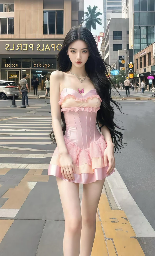 柔雾粉性感甜美气质辣妹纯欲抹胸连衣裙时尚显瘦收腰蕾丝设计感