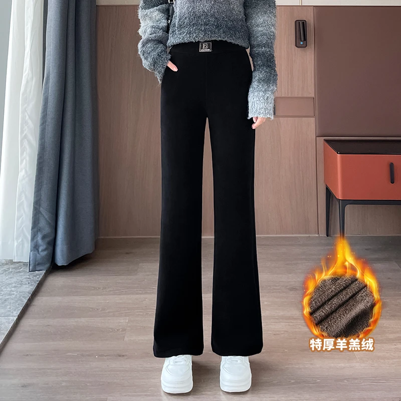 灯芯绒微喇叭裤女秋冬2024新款加绒加厚雪尼尔喇叭特厚羊羔绒裤子