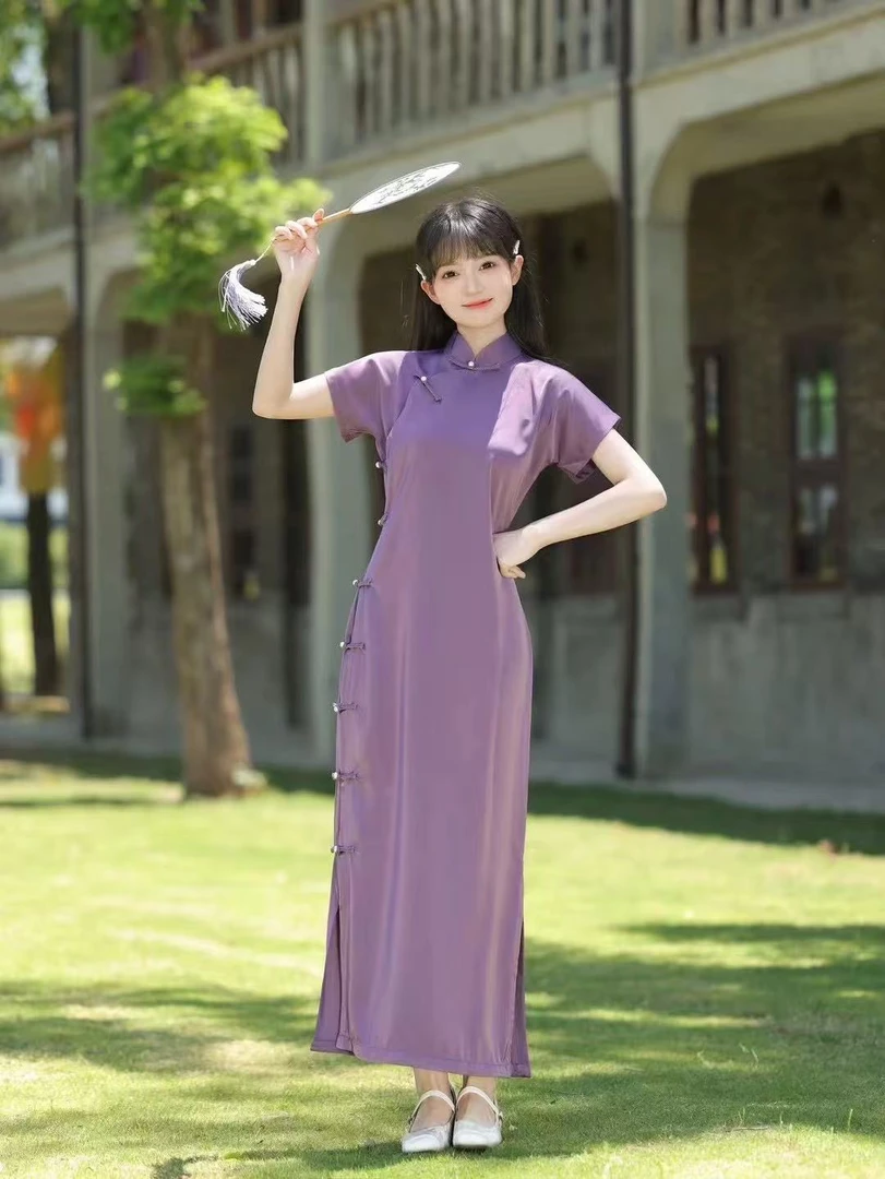 古法全开紫色重工『怜音止梦』旗袍