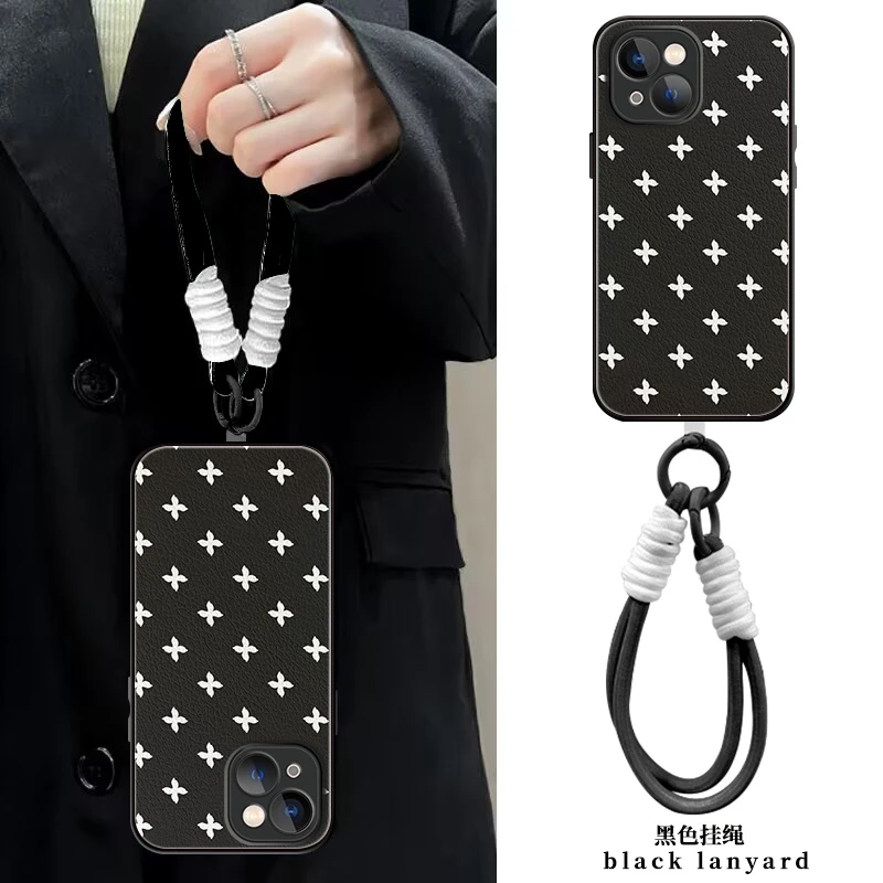 适用【苹果/华为/荣耀/OPPO/vivo】黑色十字架液态小羊皮包边手机壳