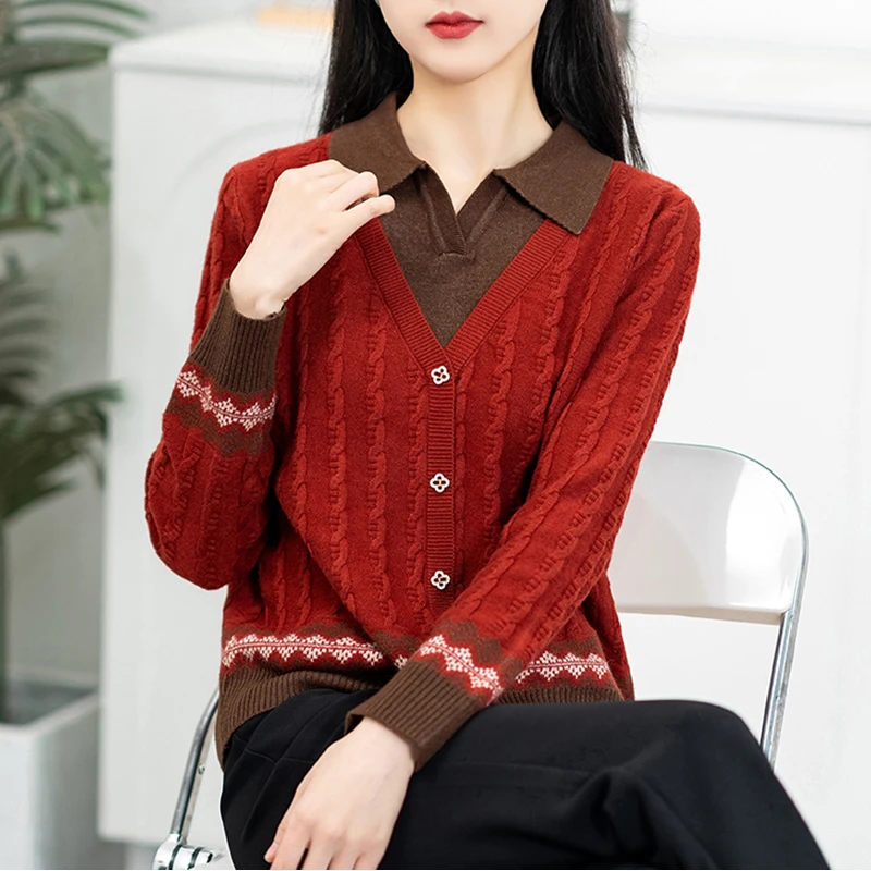 洋气百搭翻领麻花针织衫时尚新款套头假两件毛衣宽松女士上衣显瘦