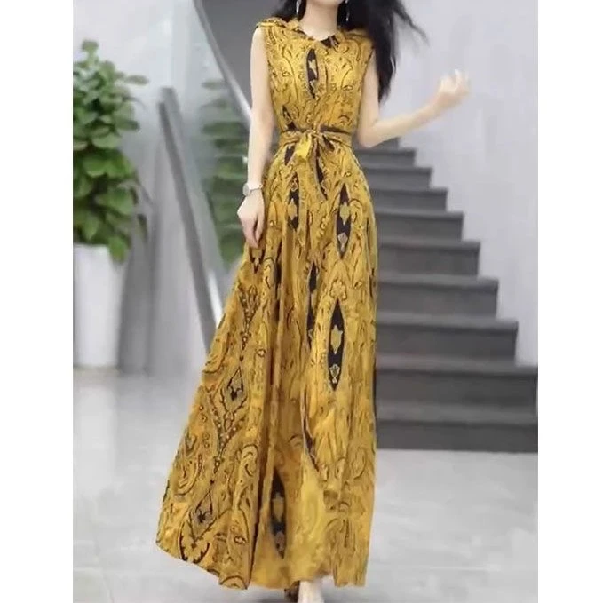 时尚连衣裙腰系带花色前开衩显瘦遮肉气质长裙